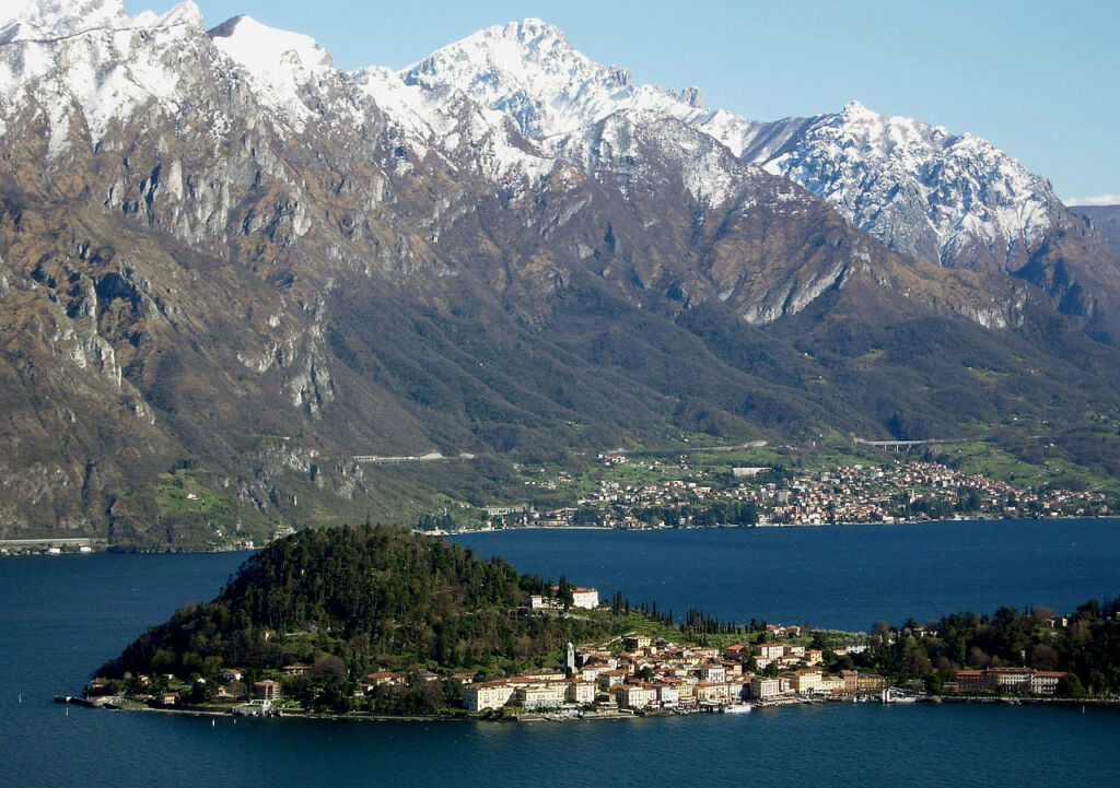 Photo showing Bellagio at Lake Como, as viewed from the western shore to south-east with Grigna Mountains in the background.