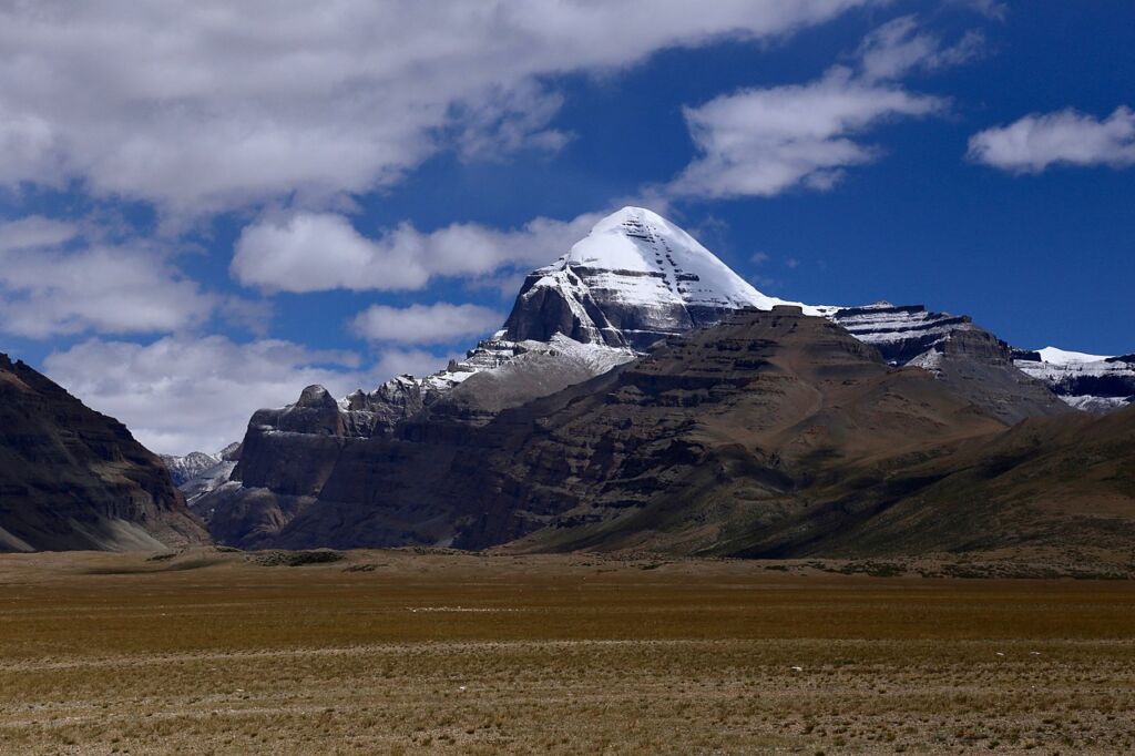 Photo showing Mount Kailash as seen from Barkha Plain with a snow capped top