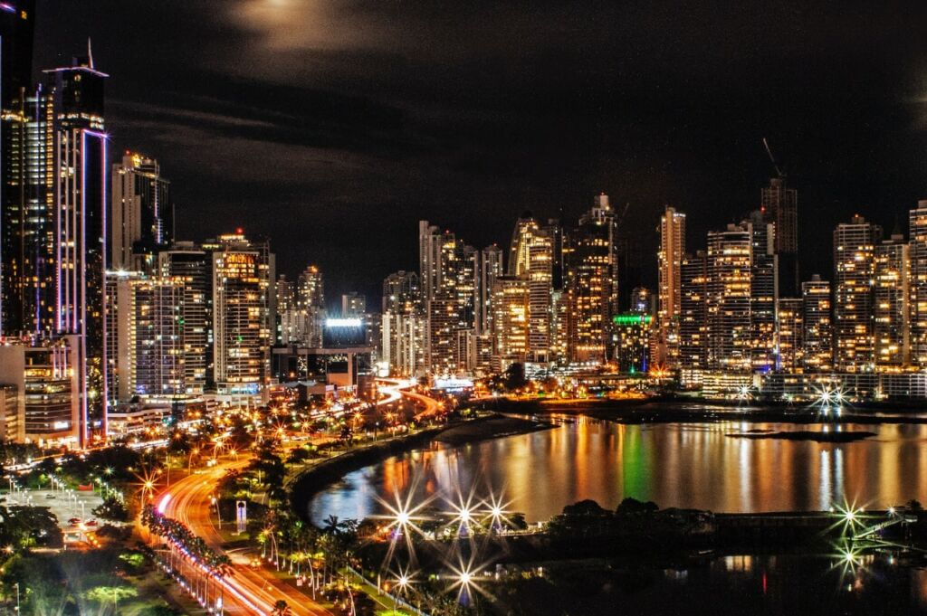 A night time view downtown metropolitan Panama City, Panama and bay.