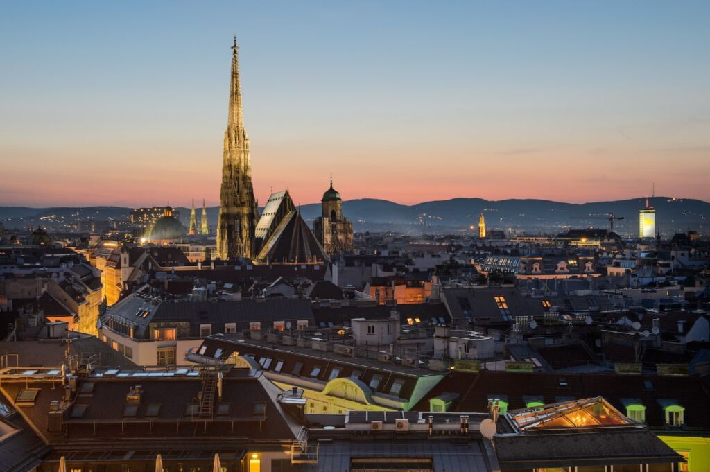 The skyline of Vienna Austria at dusk