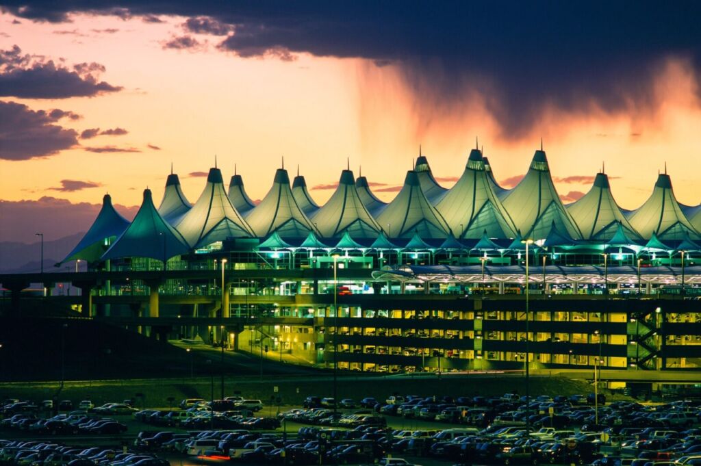 Denver International Airport at Dusk with Clouds and a Rain Shower