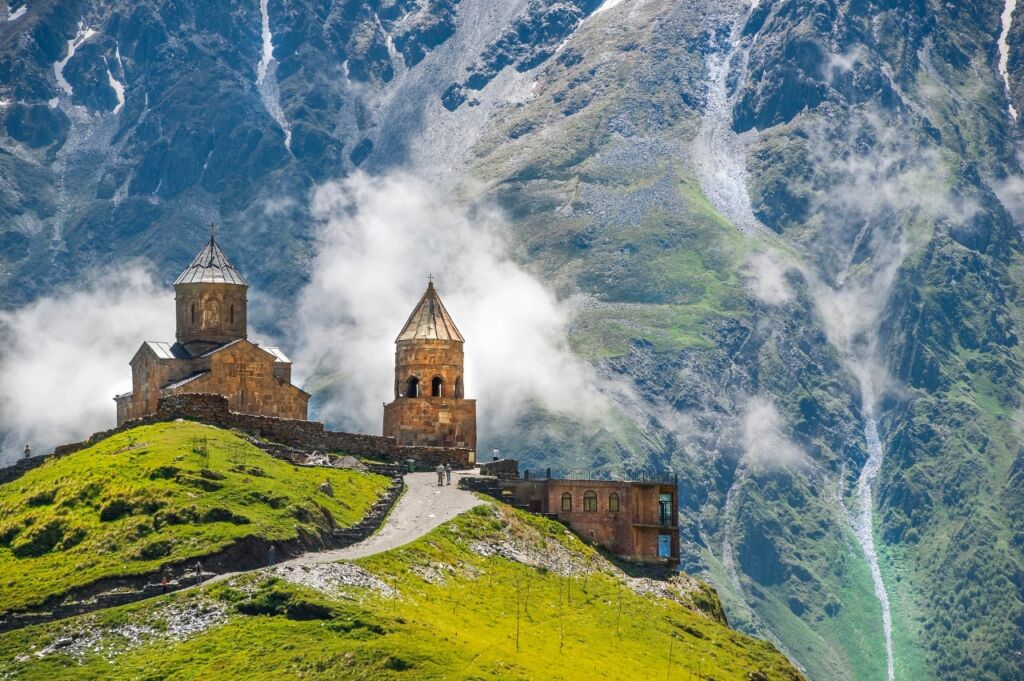 Gergeti Trinity Church perched in the mountains in Georgia Europe