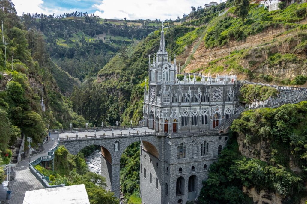 Las Lajas Sanctuary Narino sets in a valley bridging a river in Colombia